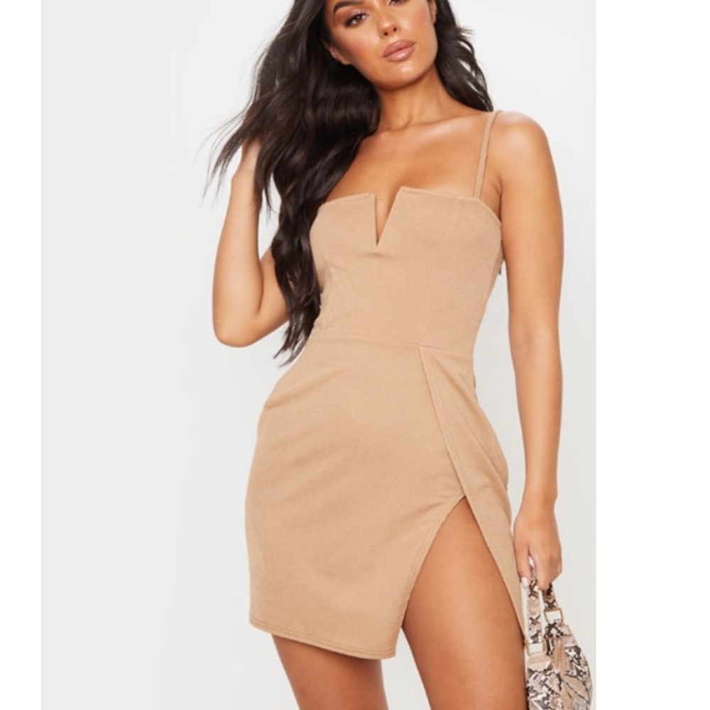 Taupe Extreme Thigh Split Panelled Plunge Bodycon